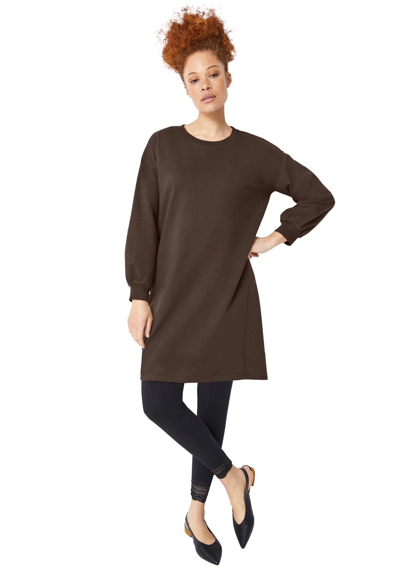 Plus Size Women's French Terry Blouson Sleeve Sweatshirt Tunic Dress by ellos in Chocolate (Size 34/36)