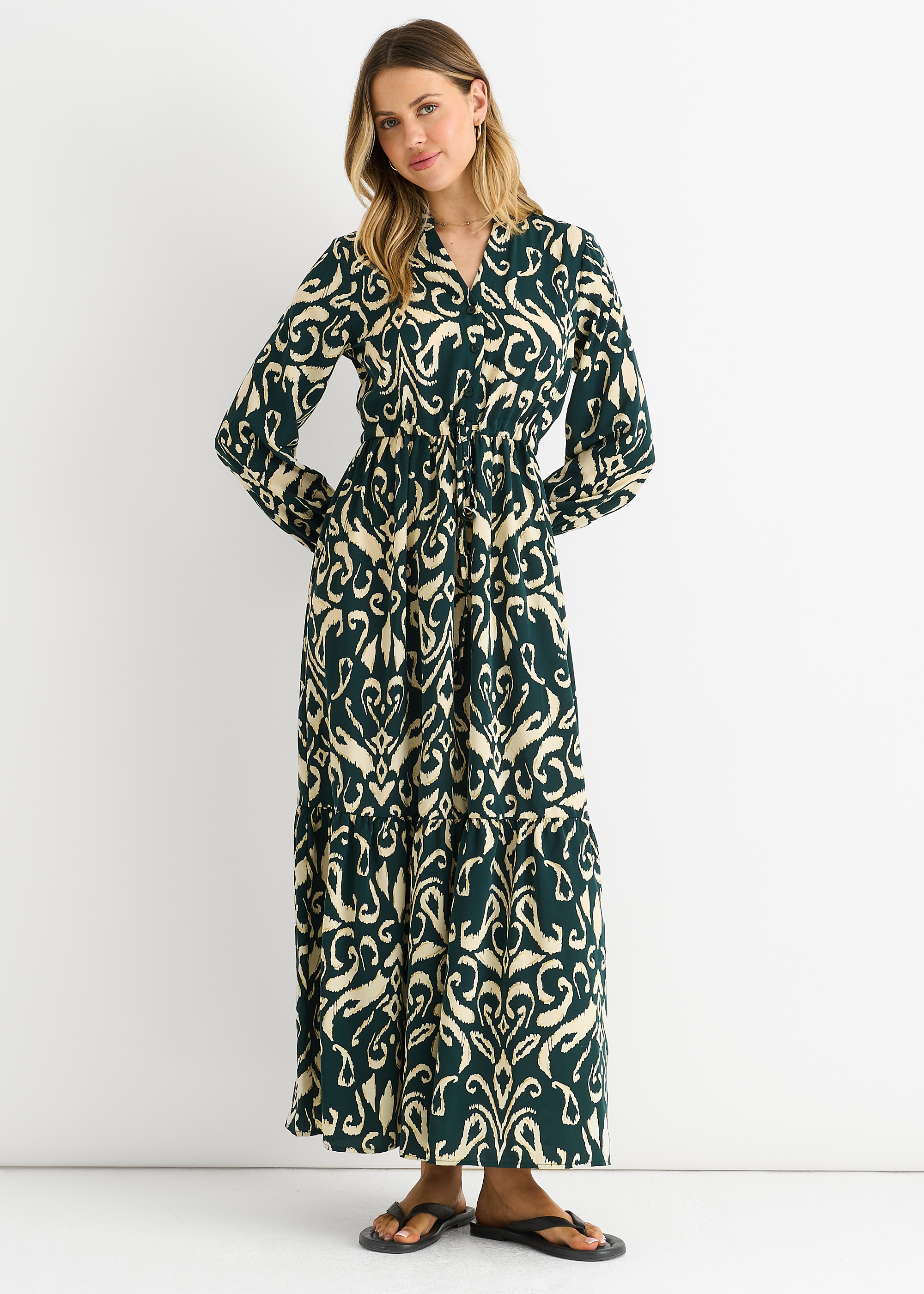 Grünes Ikat-Print Maxikleid mit gebundener Taille Image