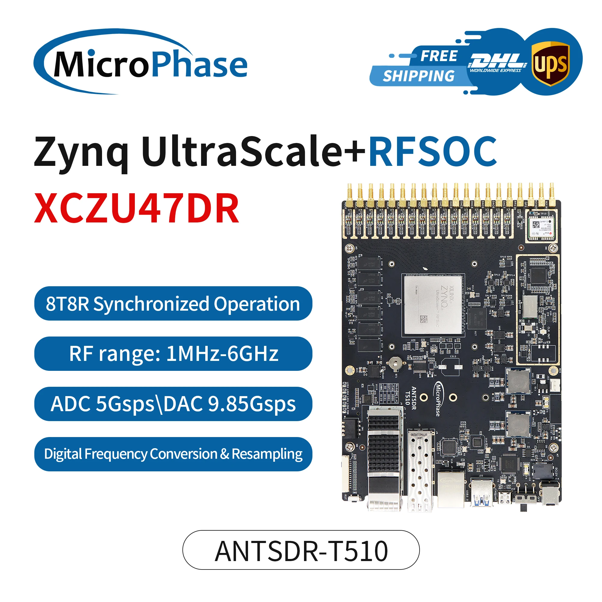 Mikrophasen-FPGA-Entwicklungsboard Xilinx ZYNQ UltraScale+ RFSOC XCZU47DR ADC 14bit 5Gsps DAC 14bit 9,85Gsps T510 Image