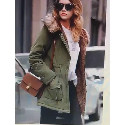2025 Autumn/Winter Women's Thick Cotton Coat, Fleece Long Sleeve Parka, Fleece-Lined Thickened Large Fur Collar Mid-Length Hooded Jacket, American Fashion Retro Workwear Style