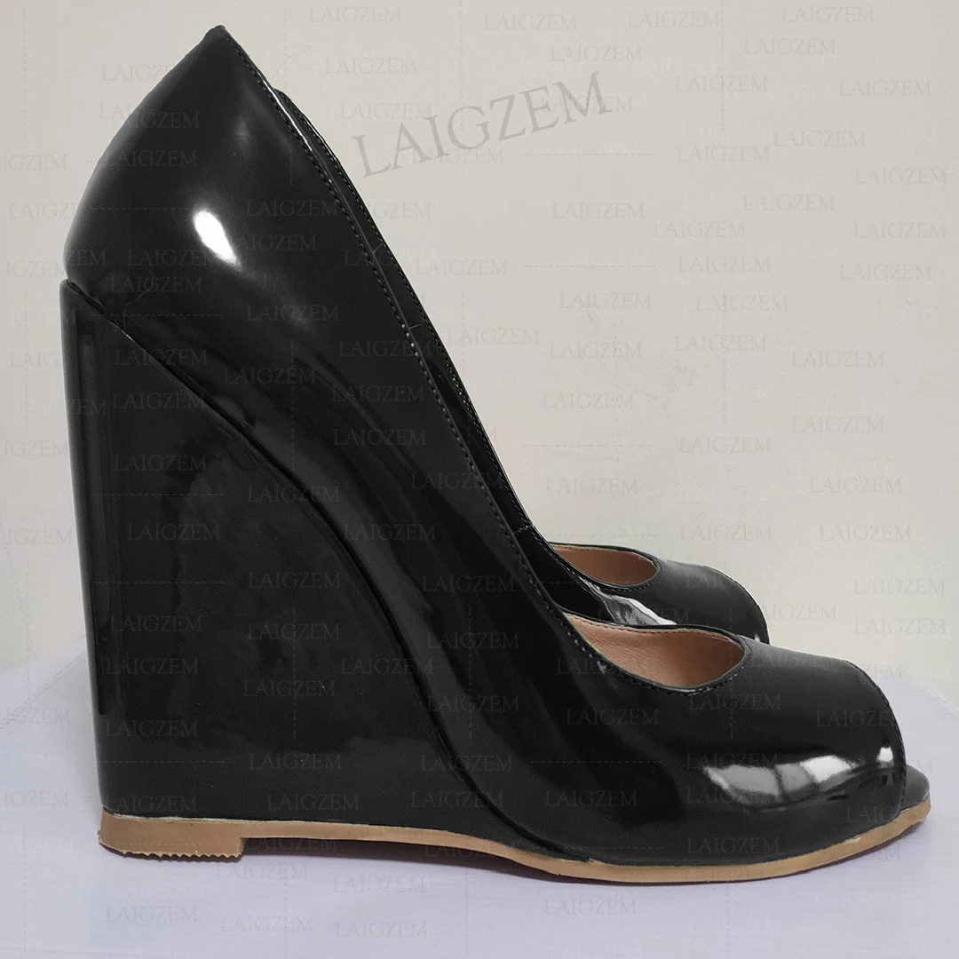 LAIGZEM Damen-Pumps, Slip-On, Peep-Toe, Keilabsatz, glänzende High Heels, handgefertigt, Kleid, Party, Hochzeit, Damen, Schuhe, Frau, große Größe 41, 44, 50 52
