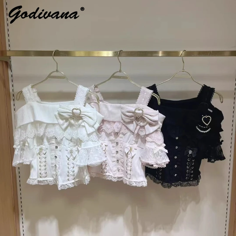 Japanisches Liz Sweet Girl Big Bow Schlankheitsgurt Off-Shoulder Top Lolita T-Shirt Mädchen Damen Halbarmshirts Image