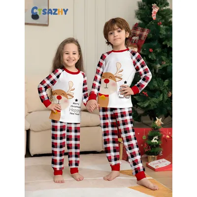 Kids' Unisex Christmas Pajama Sets - Cute Reindeer Print, Plaid Pattern, "Merry Christmas" Text