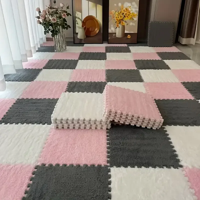 12-teiliger Baby-Spielteppich, Plüsch-Puzzle-Schaum-Bodenteppich, weiche und flauschige warme Bodenmatte, ineinandergreifende Patchwork-Matte, dekorieren
