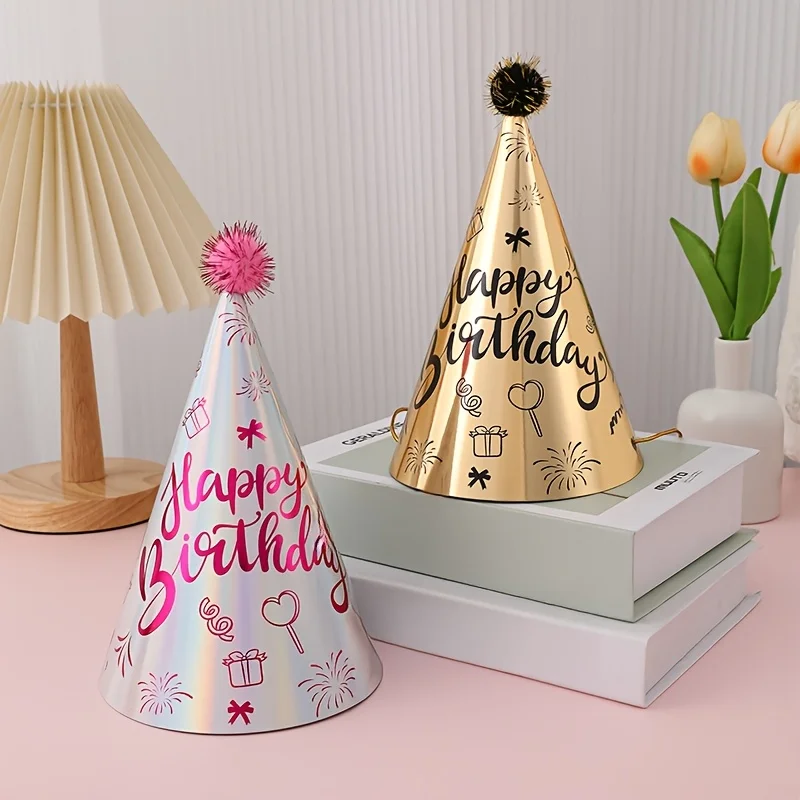 10 Stück Geburtstagsparty-Hüte, Roségold, Haarballen-Hüte, Festival-Partyzubehör, alles Gute zum Geburtstag, Kopfbedeckung, Cartoon-bedruckter Papierhut Image
