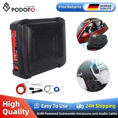 Podofo Underseat Car Subwoofer Low Profile Audio Sub Built-in Amplifier High/Low Level Slim Powered Subwoofer for Car/Trucks/SUV