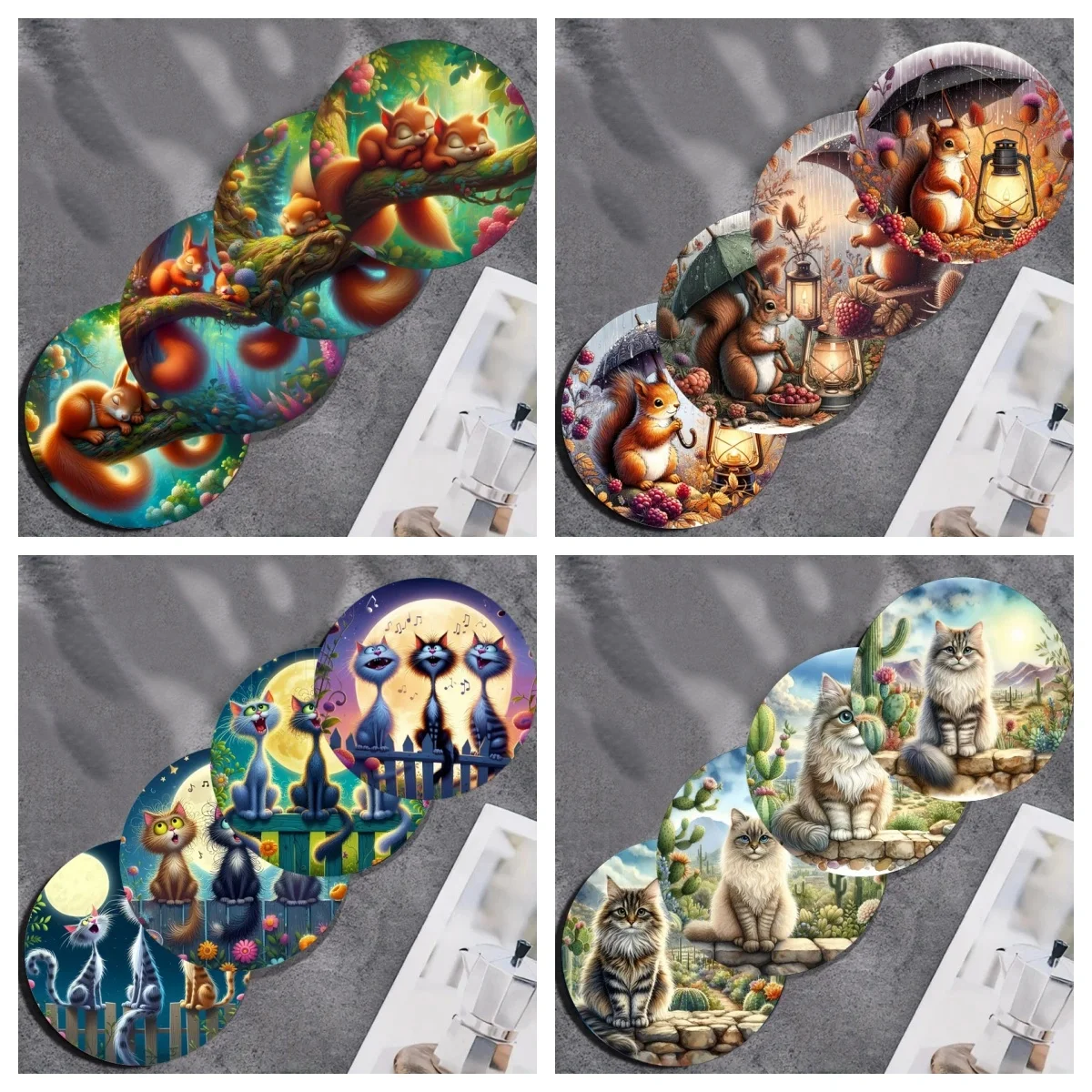 4-farbig bedruckte Untersetzer mit bunten und niedlichen Eichhörnchen- und Katzenmustern, geeignet für Thanksgiving- und Weihnachtsdekorationen Image