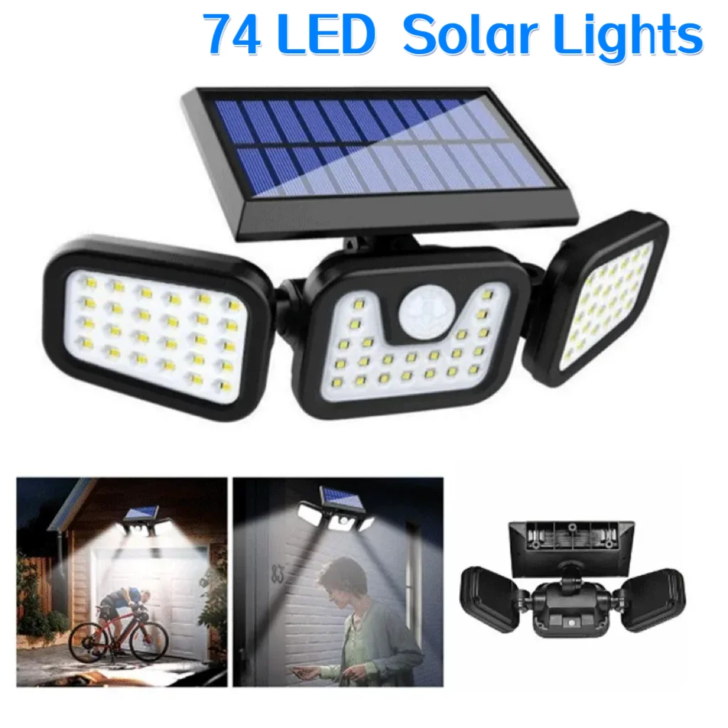 74 LED-Solar-Sicherheitsleuchte mit Bewegungsmelder, Solar-Flutlicht, 3 Modi, wasserdichte Solar-Wandleuchte für den Außenbereich, für Hof, Garten, Garag Image