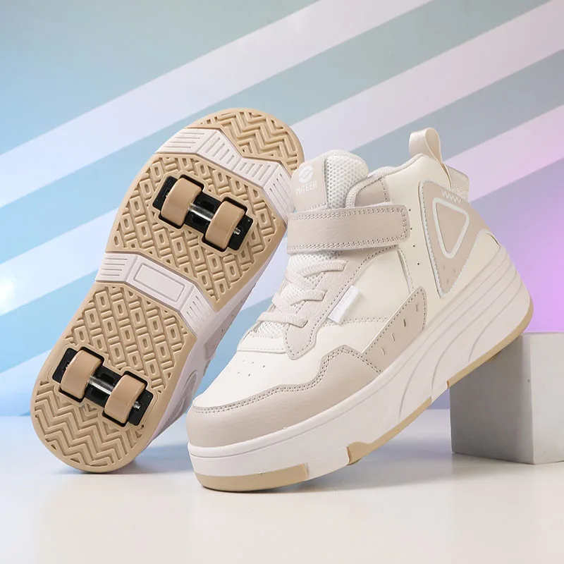 Trendige coole Rollen-Skateboard-Schuhe mit mittlerem Oberteil für Jungen und Mädchen, atmungsaktive, einziehbare Rollschuhe für Party im Innen- und Außenbereich Image