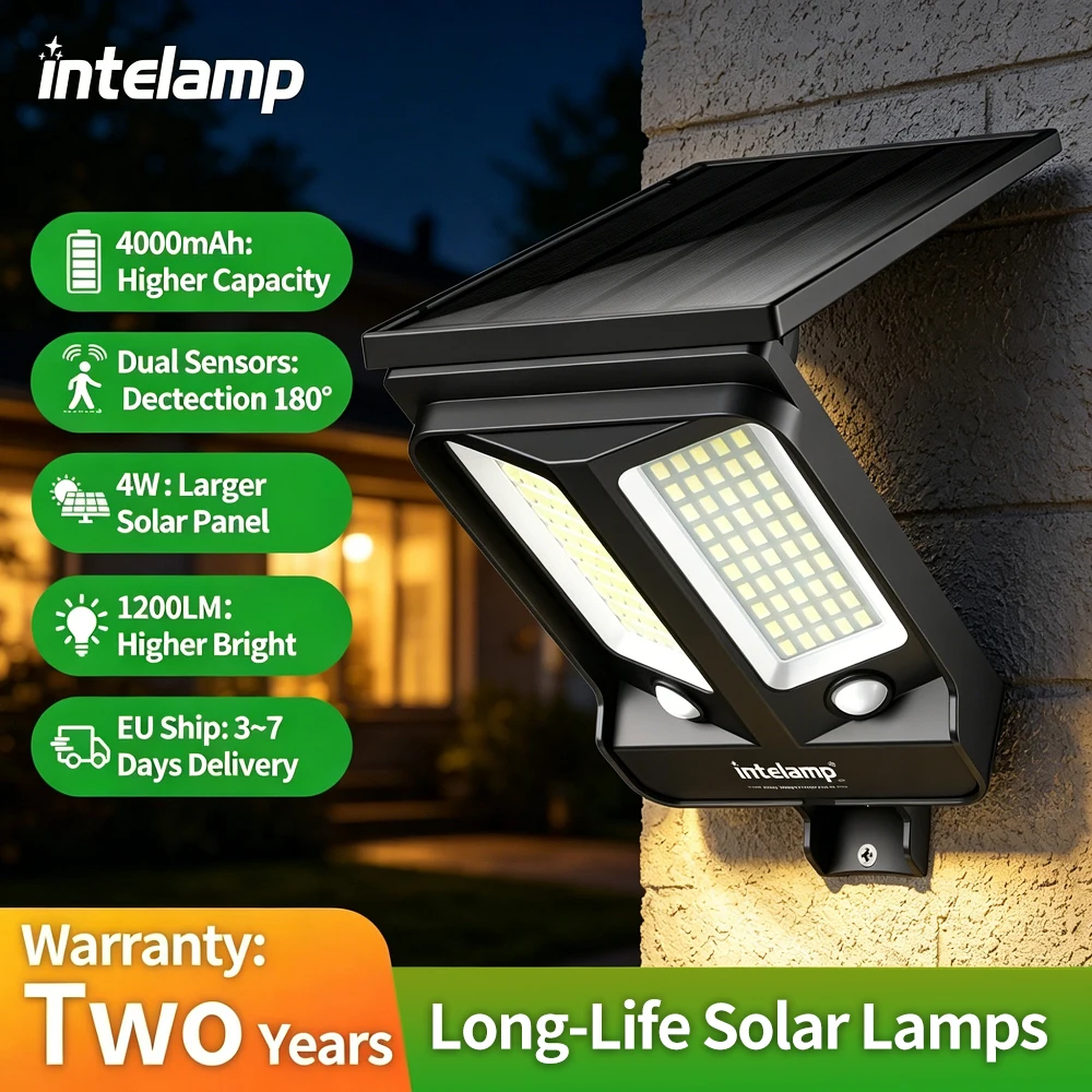 Intelamp Solar-Flutlicht mit langer Batterielaufzeit (4000 mAh), Sicherheits-Flutlicht für den Außenbereich, zwei Sensoren, Strahler für Garten, Hof und Straße