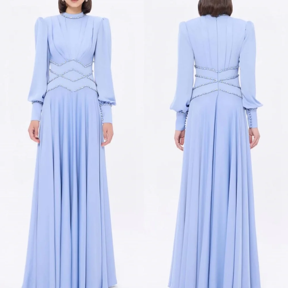 Maßgeschneiderte, exquisite, klassische Jersey-Knöpfe, Strass, A-Linie, hoher Kragen, lange Kleider, maßgeschneiderte Kleider für besondere Anlässe, Größen erhältlich Image
