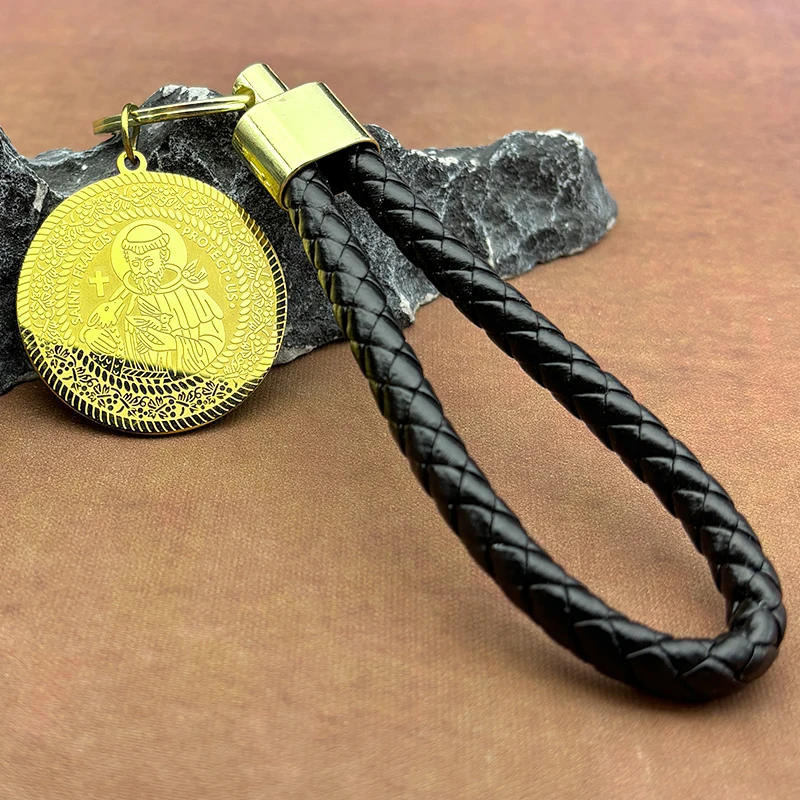 Katholischer St. Francis Protect Us Schlüsselanhänger für Damen und Herren, Edelstahl, goldfarben, Tiermedaillenring, Amulett-Schmuck Image