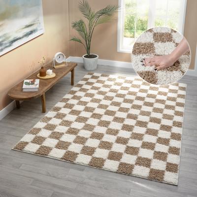 Hochflor-Teppich OTTO HOME "Kiiki" Gr. 7, grau (taupe), B:240cm H:30mm L:320cm, Kunstfaser, Teppiche, Kariert, auffälliges Schachbrettmuster, Wohnzimmer, Schlafzimmer Image