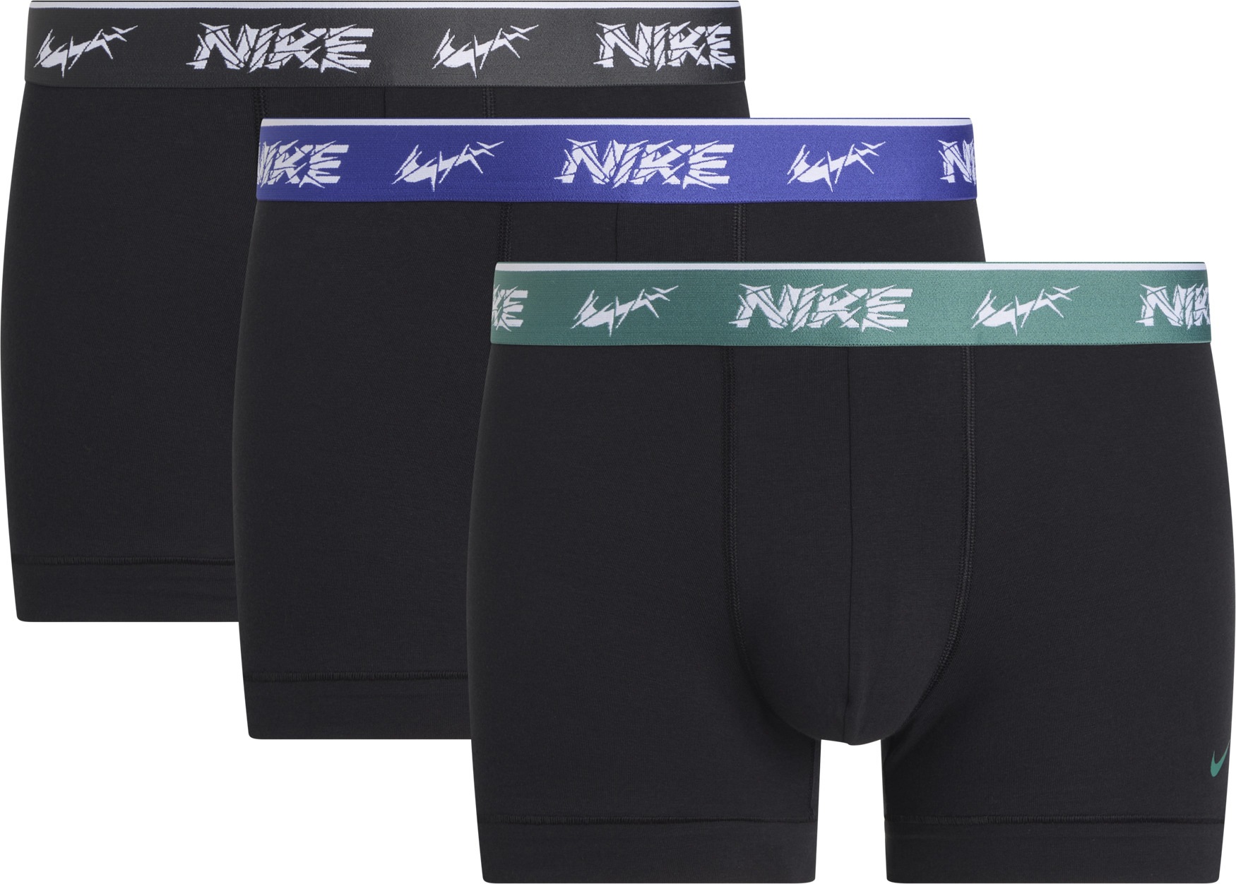 Trunk NIKE UNDERWEAR "TRUNK 3PK", Herren, Gr. XL, blk evrgrn au, dp ni, anth shttrd wb, Jersey, Obermaterial: 95% Baumwolle, 3% sonstige Fasern, 2% Elasthan, kontrastfarbene Details, unifarben, körpernah, Unterhosen, mit farbigem NIKE Logo-Elastikbund Image