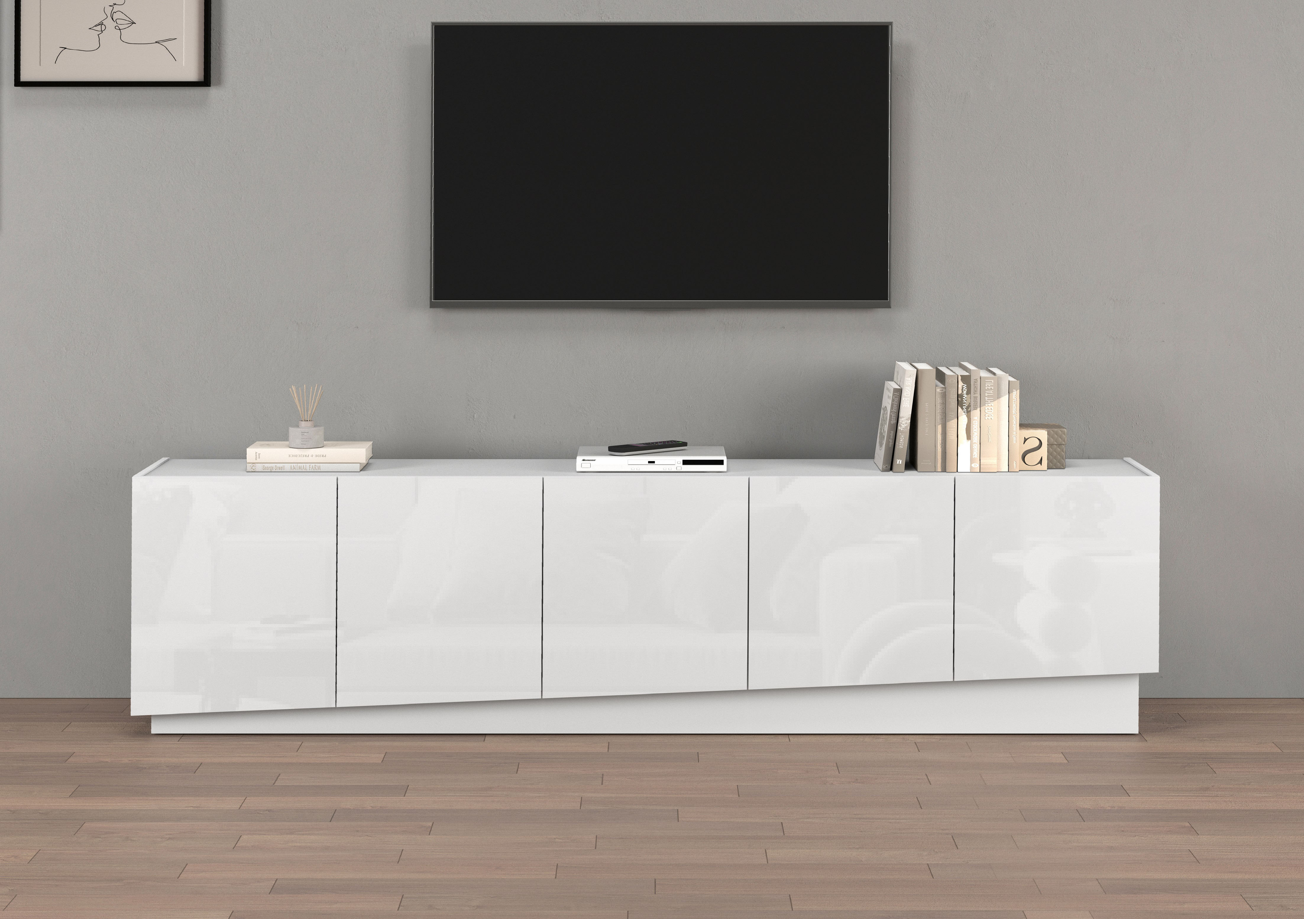 Lowboard OTTO HOME "VELA, Höhe 60 cm, Breite 225 cm,Design mit schrägen Türen", weiß, B:225cm H:60cm T:35cm, Sideboards, Lowboard, Made in Italy, Maße-B/T/H: 225x35x60, Lowboard, TV-Board, TV-Kommode