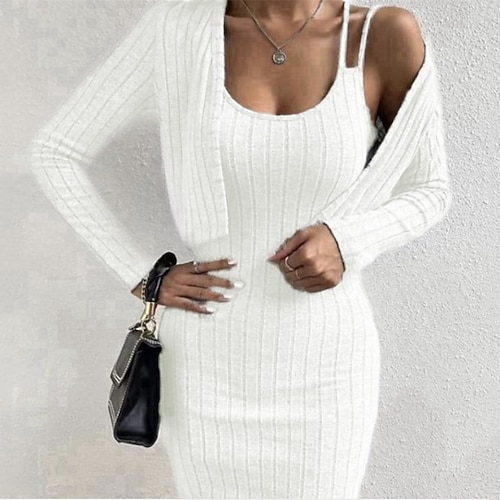 Femmes Robe Midi Robe Pull Robe Décontractée Robe Ensemble Mode Moderne Quotidien Date Week-end Coupe régulière Uni manche longue Col ras du cou Noir Blanche Gris Clair Automne Hiver