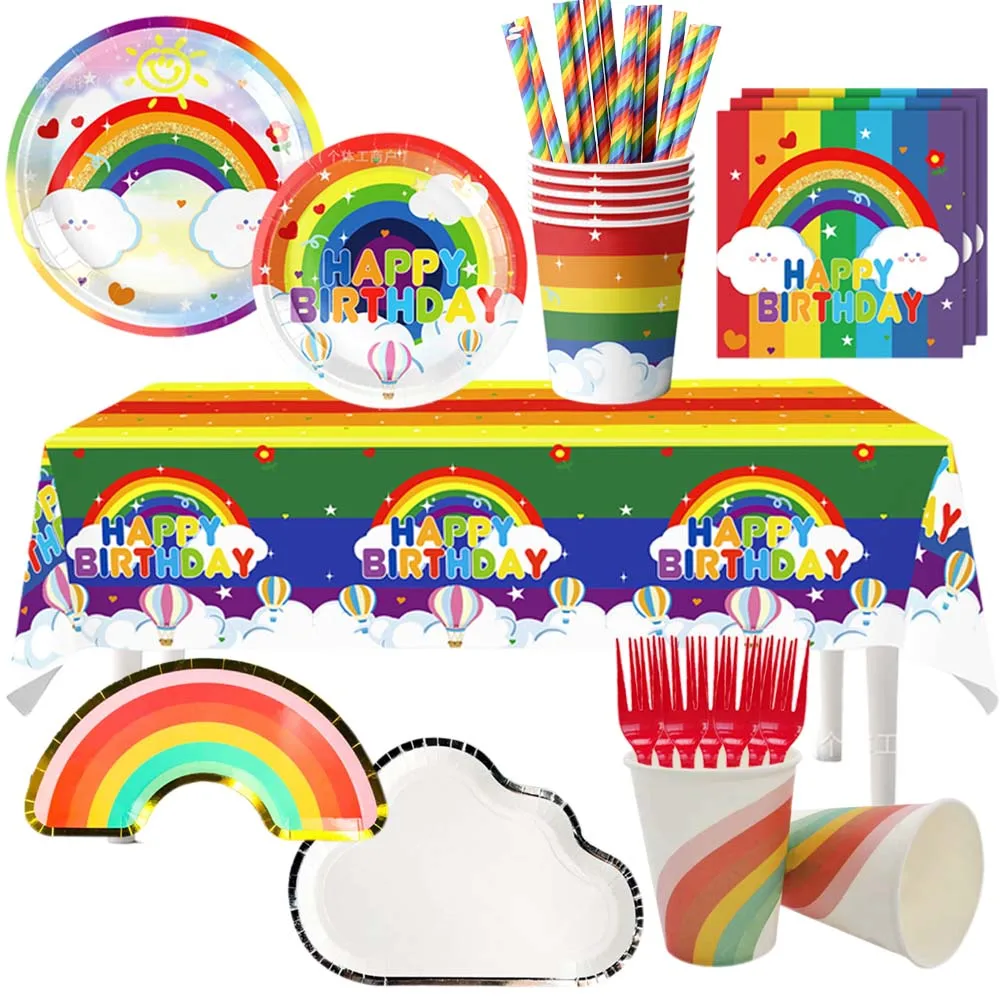 Fournitures de fête arc-en-ciel, vaisselle jetable, assiettes en papier, serviettes, tasses, nappe, décorations de fête à thème arc-en-ciel, anniversaire, réception-cadeau pour bébé