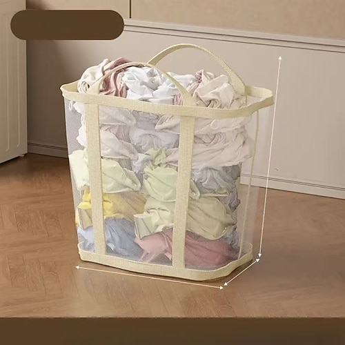 zusammenklappbarer Wäschekorb aus atmungsaktivem Netzgewebe mit verstärkten Griffen – faltbarer rechteckiger Aufbewahrungsbehälter für Badezimmer, Schrank, Wohnheim, Reisen Lebensmittelgeschäft, Image