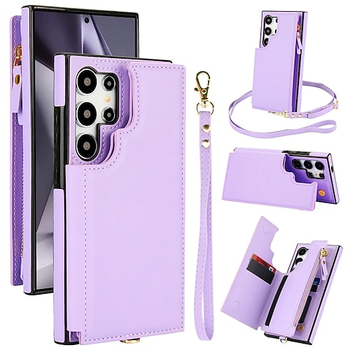 Handy Hülle Handyhüllen Für Samsung Galaxy S25 S24 S23 S22 Plus Ultra A16 A55 5G A14 A54 A53 A13 Rückseite mit Trageriemen Ständer Kartenfach Retro TPU PU-Leder Image