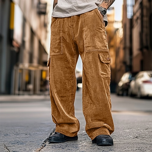 Herren Cargo-Hosen Cargohose Cordhose Tasche Knöpfe gewebte Einfarbig Einfach Weich Atmungsaktiv Volle Länge Formell Büro Arbeit Urlaub Stilvoll Schwarz Braun Mikroelastisch Image