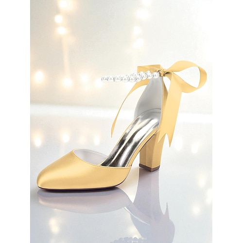 Brautjungfernschuhe für Damen – champagnerfarbene Pumps mit Perlenbesatz und Blockabsatz am Knöchel, elegante Satinpumps für Brautjungfern und festliche Anlässe