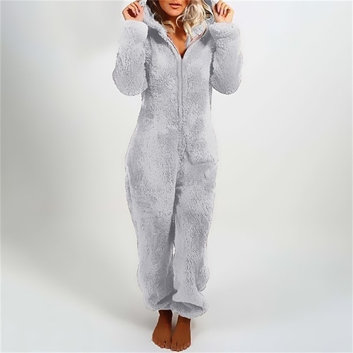 Damen Schlafanzug Onesie Flanell Mode Basic Einfarbig Reißverschluss Hose Heim Täglich Bett Langarm Kapuzenpullover Schwarz Weiß Rosa Blau Hellgrau Winter Normale Passform Image