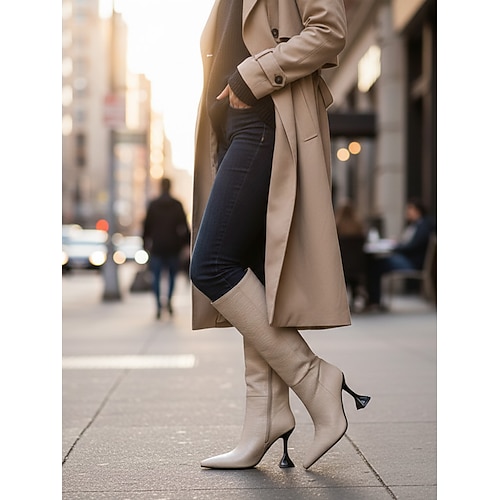 Schwarze kniehohe Damenstiefel mit Krokodilmuster, Stiefel aus echtem Leder mit spitzer Zehenpartie und Stilettoabsatz, urbaner Modestil für Damen, perfekt für City-Chic und stylische Outfits Image