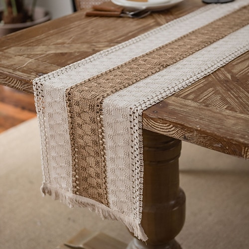 Tischläufer aus Baumwollleinen im amerikanischen Stil, gestreifter zweifarbiger Webstoff mit Quasten, Weihnachtsdekoration aus Naturmaterial Image