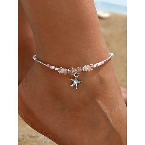 Damen-Fußkettchen im Bohemian-Stil mit Perlen und Seestern-Anhänger, verstellbarer Strand-Fußschmuck für Sommer, Urlaub und Partys