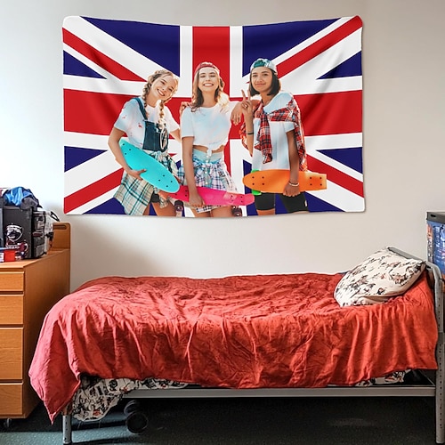 personalisiertes, individuelles Union Jack-Foto-Wandteppich-Poster mit britischer Flagge, gestalten Sie Ihr eigenes Bild für Heimdekoration, Clubs, Konzerte, Bars, Schlafsäle, Wohnzimmer, Schlafzimmer, Wandbehang Image