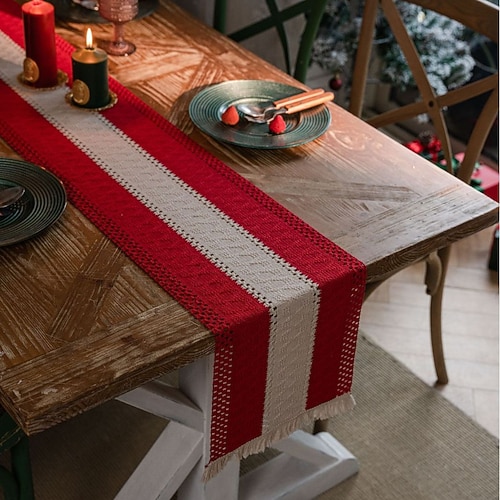 Tischläufer aus Baumwollleinen im amerikanischen Stil, gestreifter zweifarbiger Webstoff mit Quasten, Weihnachtsdekoration aus Naturmaterial Image