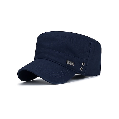 Militärische Kadettenkappe aus Baumwolle für Herren mit verstellbarem Riemen, lässiger Armeehut mit flacher Oberseite für Outdoor-Sport, Reisen und den Alltag Image