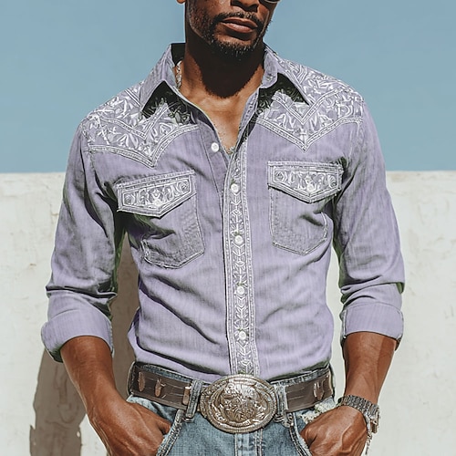 Herren Blumendruck Ethnisch Blumen Hemd Westernhemd Cowboy-Shirt Langarm Vintage-Retro Outdoor Lässig Arbeitskleidung Frühling Herbst Umlegekragen Zwei Fronttaschen Leinenähnliches Hemd Hemden mit Image