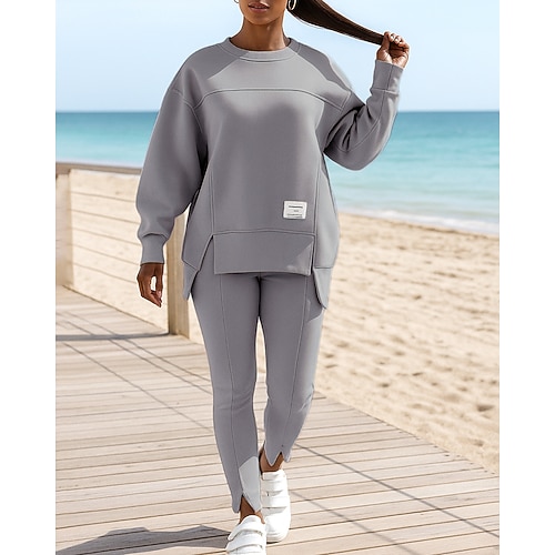 Damen Jogginghose 2-teiliger Trainingsanzug Sportbekleidung Oversize Einfarbig Kombination Herbst Schwarz Blau Outdoor Reise Sport Ausgebeult Langarm Sport Sportkleidung Mikroelastisch Normale Image