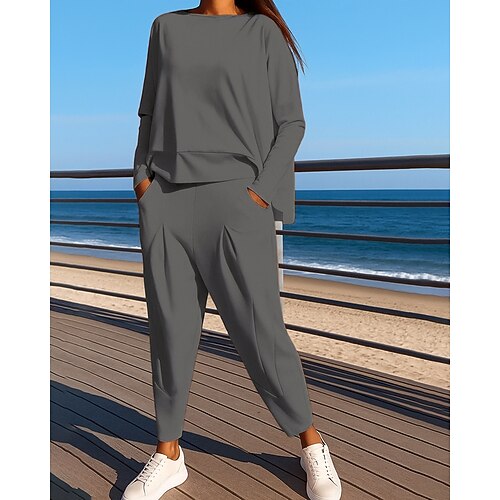 Damen Jogginghose 2-teiliger Trainingsanzug Sportbekleidung Tasche Einfarbig Kombination Herbst Schwarz Weiß Outdoor Reise Sport Ausgebeult Langarm Sport Sportkleidung Mikroelastisch Normale Passform Image