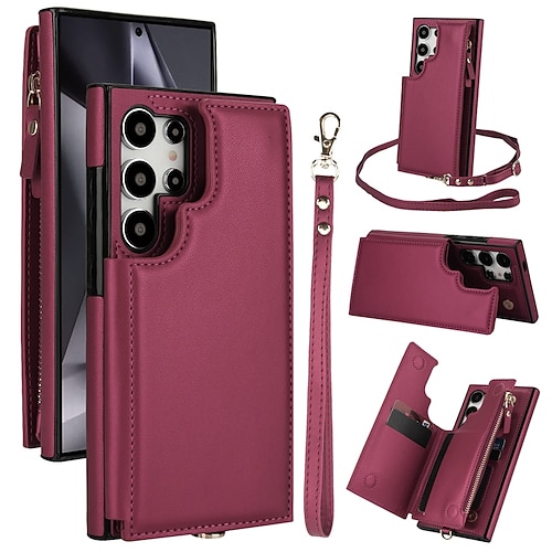 Handy Hülle Handyhüllen Für Samsung Galaxy S25 S24 S23 S22 Plus Ultra A16 A55 5G A14 A54 A53 A13 Rückseite mit Trageriemen Ständer Kartenfach Retro TPU PU-Leder Image