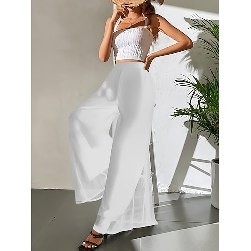 Damen Weites Bein Chinos Mode Streetwear Basic Volle Länge Hohe Taille Einfach Elastischer Bund Bequem Weich Dehnbar Outdoor Straße Lässig Dunkelbraun Wein Schwarz Weiß Sommer Frühling Lässiger Image