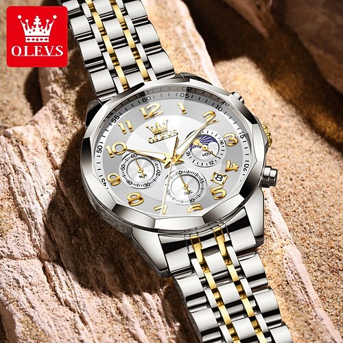 die neue Herren-Businessuhr von Olevs, eine Multifunktionsuhr mit leuchtendem Mondphasen-Chronographen-Digitalzifferblatt, wasserdichte, lässige und modische Quarzuhr und eine Herren-Sportarmbanduhr Image