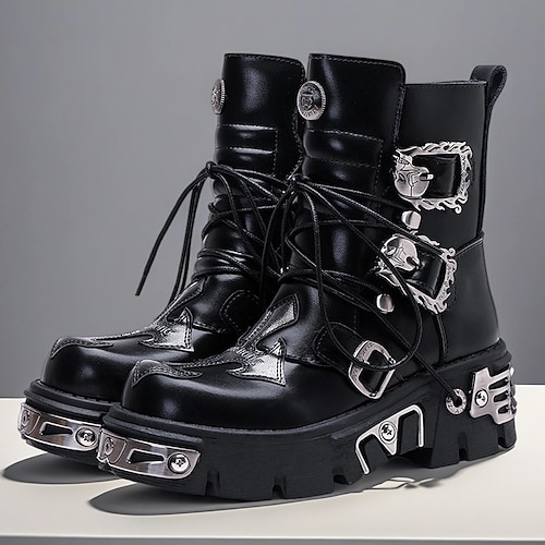 Schwarze Gothic-Plateaustiefel für Herren, robuste Bikerstiefel zum Schnüren mit Schnallen und Metallakzenten für Halloween-Partys, Cosplay-Kostüme und Bühnenauftritte Image