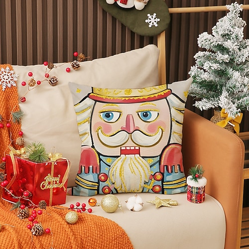 Neuer Weihnachts-Nussknacker-Kissenbezug, bedrucktes Dekokissen aus Leinen, Dekokissen mit Cartoon-Holzsoldaten für die Weihnachtsdekoration Image