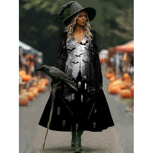 Damen Hexen Druck Maxi Kleid A Linie Kleid Urlaub Lässig Boho Strand Reguläre Passform Florales Grafik Lange Ärmel V Neck Tief Purpur Schwarz Rosa Wein Frühling Herbst Image