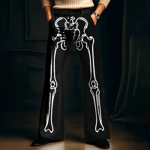 Herren Optische Täuschung Skelett Disco-Hosen 60er 70er Schlaghosen Mittlere Taille Dunkler Gothic-Stil Outdoor Ferien Seitentaschen Schlaghose Frühling Herbst 3D-Druck Schwarz Weiß Image