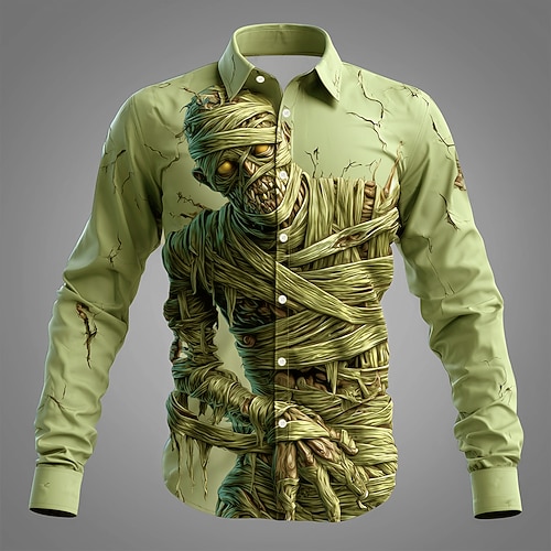Herren Zombies Horror Mumie Hemd Knopfhemd Langarm Dunkler Gothic-Stil Ferien Streetwear Frühling Herbst Umlegekragen 3D-Druck Hemden mit Kragen Hellgrün Blau Purpur Grün Image