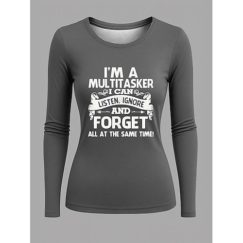 Damen T Shirt Druck Grafik Buchstabe Vintage Mode Stilvoll Langarm Rundhalsausschnitt Rundhals Normale Oberteile Täglich Wochenende Blau Schwarz Rote Grau Frühling Herbst Image