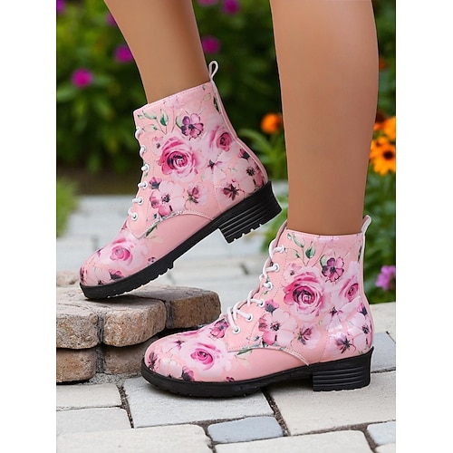 Rosa florale Damen-Schnürstiefeletten – stylische Springerstiefel für lässige Outfits Image