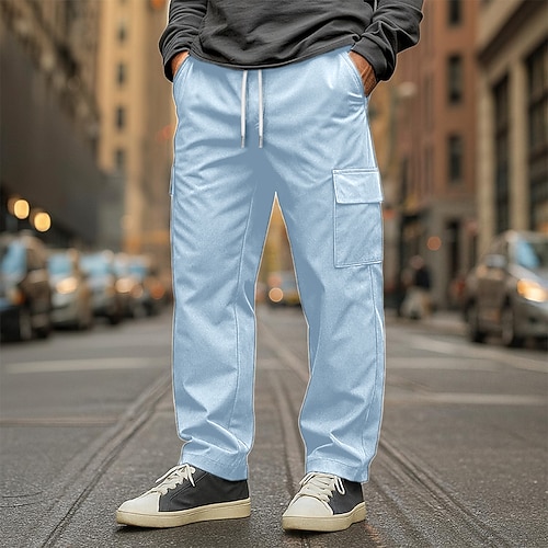 Herren Cargo-Hosen Shorts Kordelzug Tasche Mehrere Taschen Einfarbig Winddicht tragbar Volle Länge Outdoor Urlaub Täglich Urlaub Streetwear Schwarz Weiß Unelastisch Image