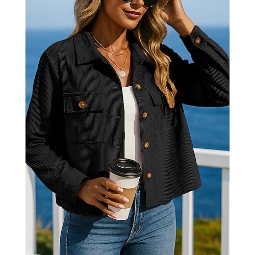 Damen Kurze Lounge-Jacke Cordjacke Knöpfe Langarm Oberteil Athleisure Herbst Einfarbig Outdoor Reise Sport Sportbekleidung Sportkleidung Schwarz Rosa Khaki Image