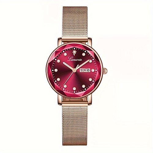 eine neue, modische und trendige Damenuhr mit rautenförmigem Mesh-Armband aus Legierung, wasserdicht nach IPX7 und leuchtender Datums- und Tagesanzeige. Es ist eine vielseitige Quarzuhr für den Alltag Image