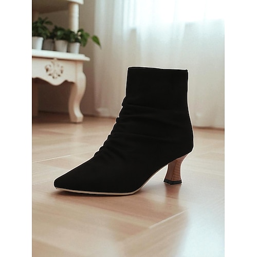 Schwarze Damenstiefeletten aus Kunstleder mit spitzer Spitze, gerüschtem Design und Kitten Heels – elegante Stiefeletten im Vintage-Stil für herbstliche Büro-Outfits und Abendgarderobe Image