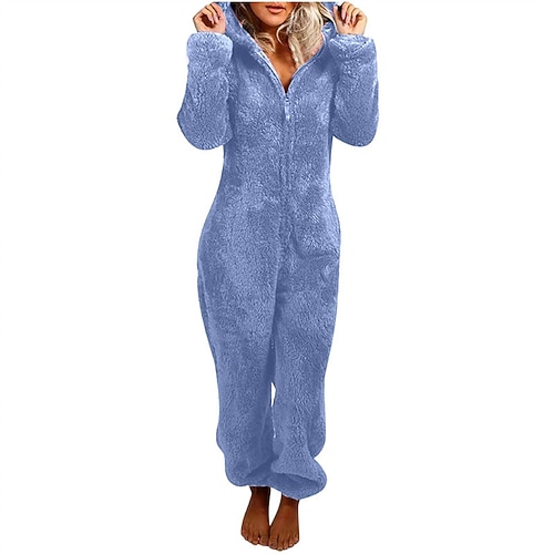 Damen Schlafanzug Onesie Flanell Mode Basic Einfarbig Reißverschluss Hose Heim Täglich Bett Langarm Kapuzenpullover Schwarz Weiß Rosa Blau Hellgrau Winter Normale Passform Image